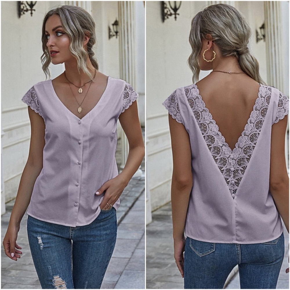 Lilac v neck button down lace low back detail top